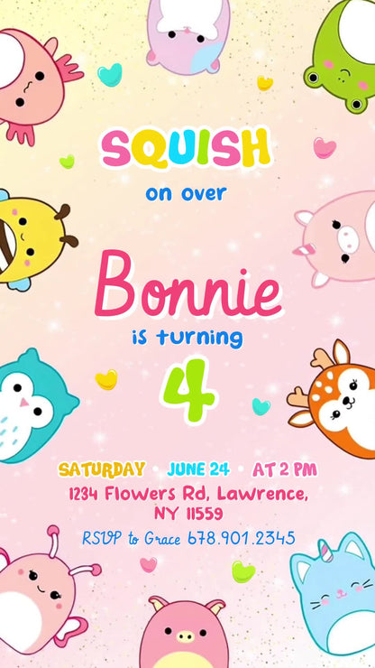 Squishmallows fourth birthday invitation with a colorful character border, pastel peach and pink background, sparkles and a lime-green age number.