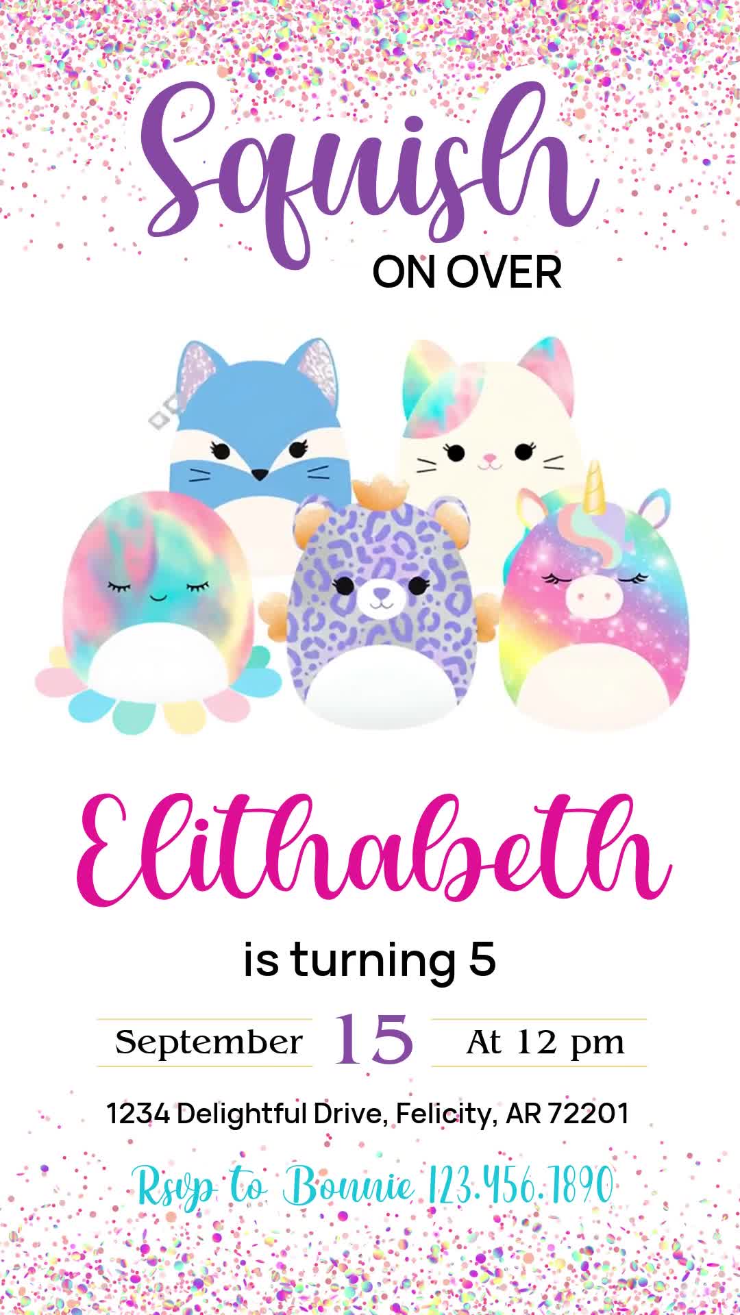 Celebrate a fifth birthday with five pastel plush animal characters, confetti edges, a purple script heading and a pink name on a white background.