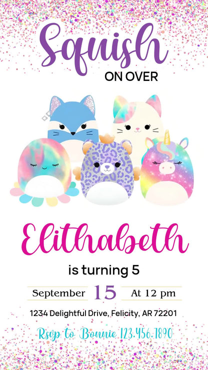 Celebrate a fifth birthday with five pastel plush animal characters, confetti edges, a purple script heading and a pink name on a white background.