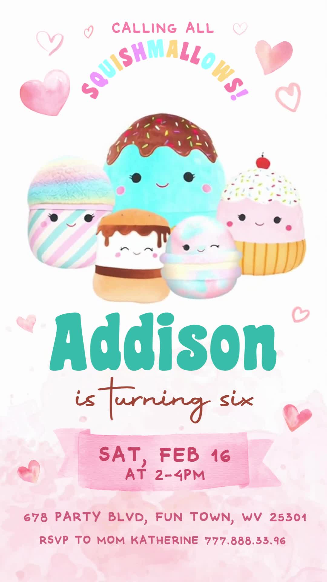 Squishmallows sixth birthday invitation with pastel sweet-treat friends, pink hearts, a teal name and a pink ribbon for the party details.
