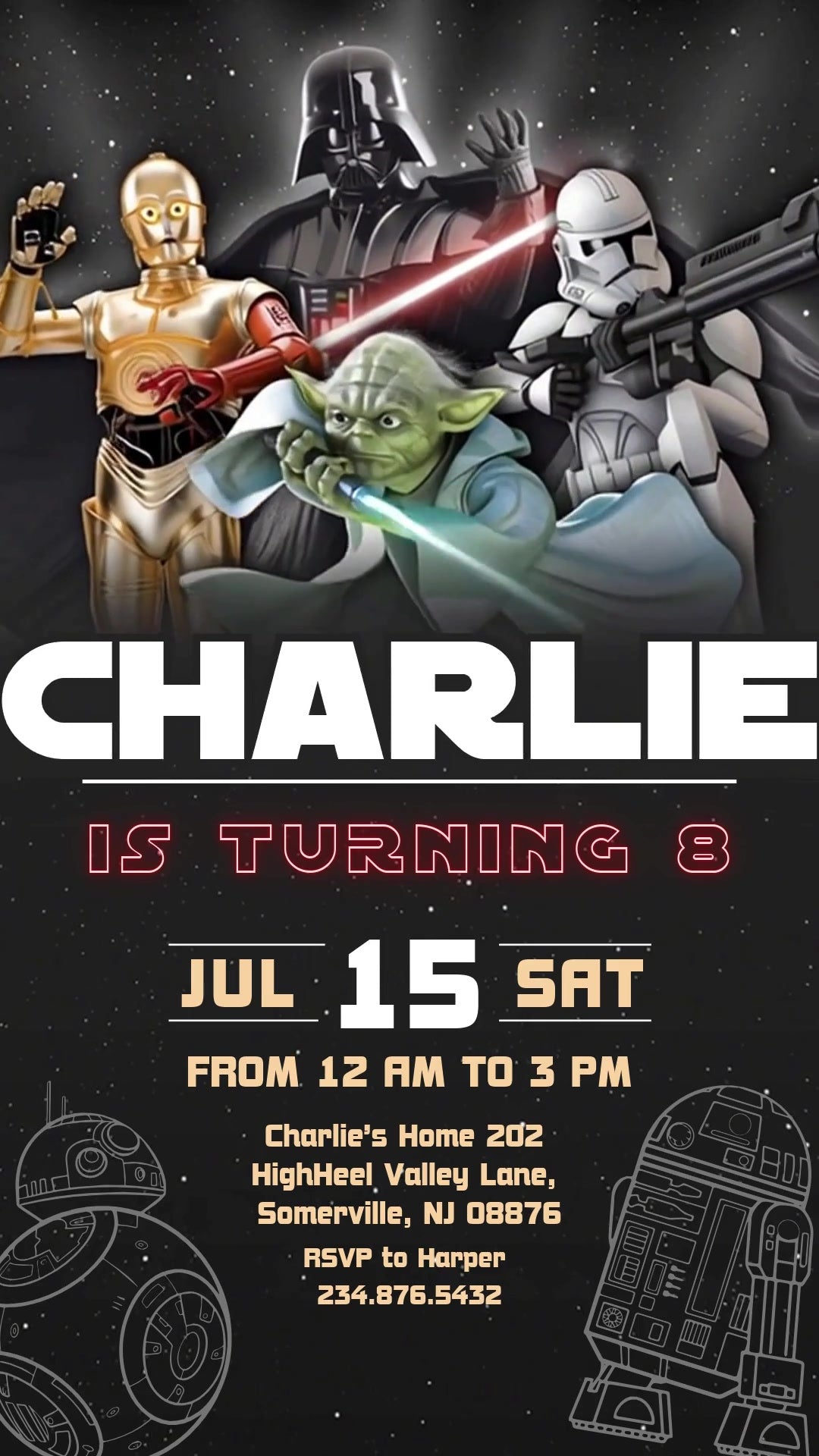 Star Wars animated eighth birthday invitation with Yoda, Darth Vader, C-3PO and a stormtrooper above a bold white name and outlined droids on a dark starfield.