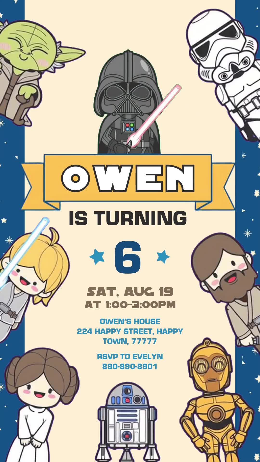 Star Wars sixth birthday invitation with chibi-style characters and droids, a cream center, blue star borders and a yellow name banner.