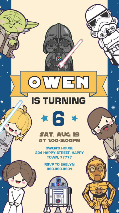 Star Wars sixth birthday invitation with chibi-style characters and droids, a cream center, blue star borders and a yellow name banner.