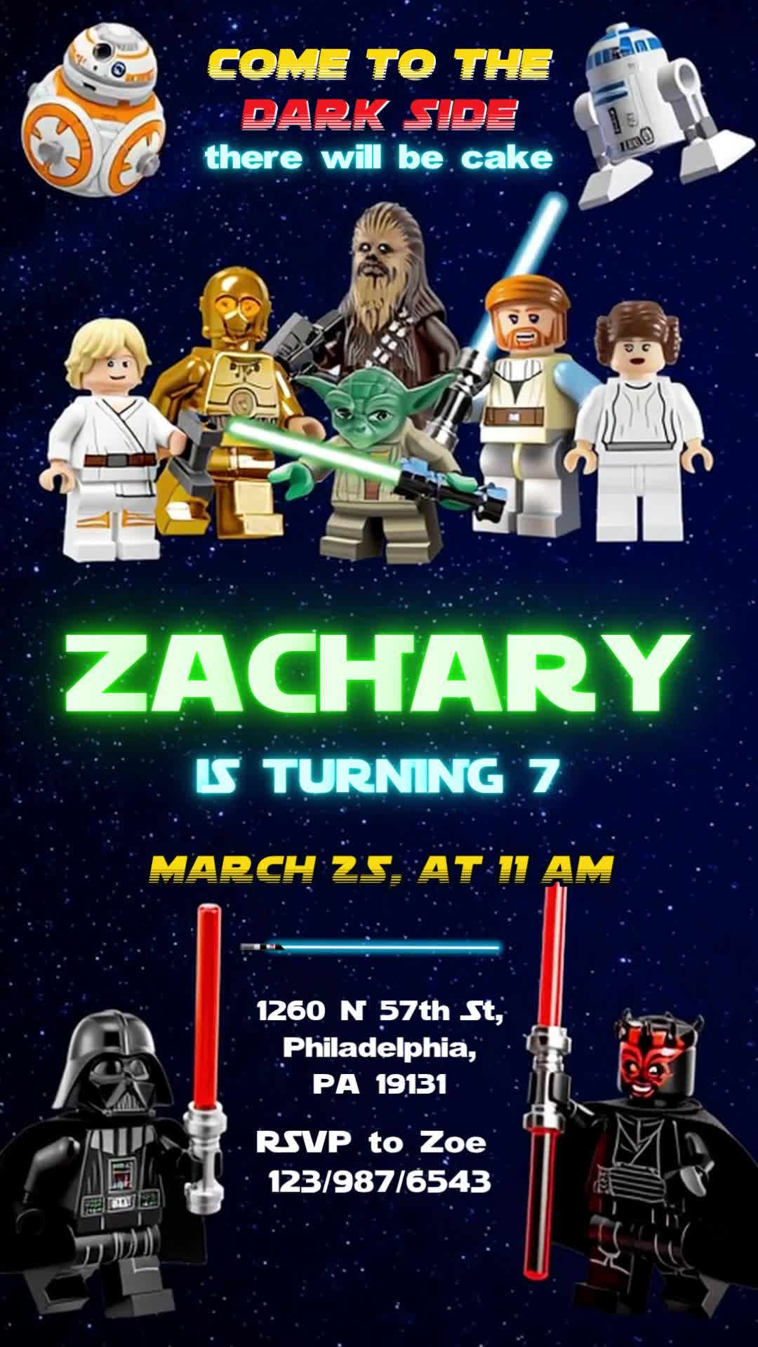 Celebrate a seventh birthday with a Star Wars minifigure group on navy stars, a glowing green name, yellow date and clear white address and RSVP details.