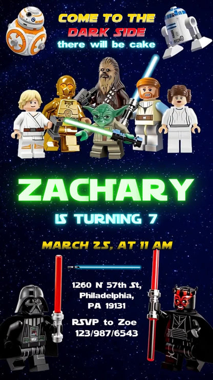 Celebrate a seventh birthday with a Star Wars minifigure group on navy stars, a glowing green name, yellow date and clear white address and RSVP details.