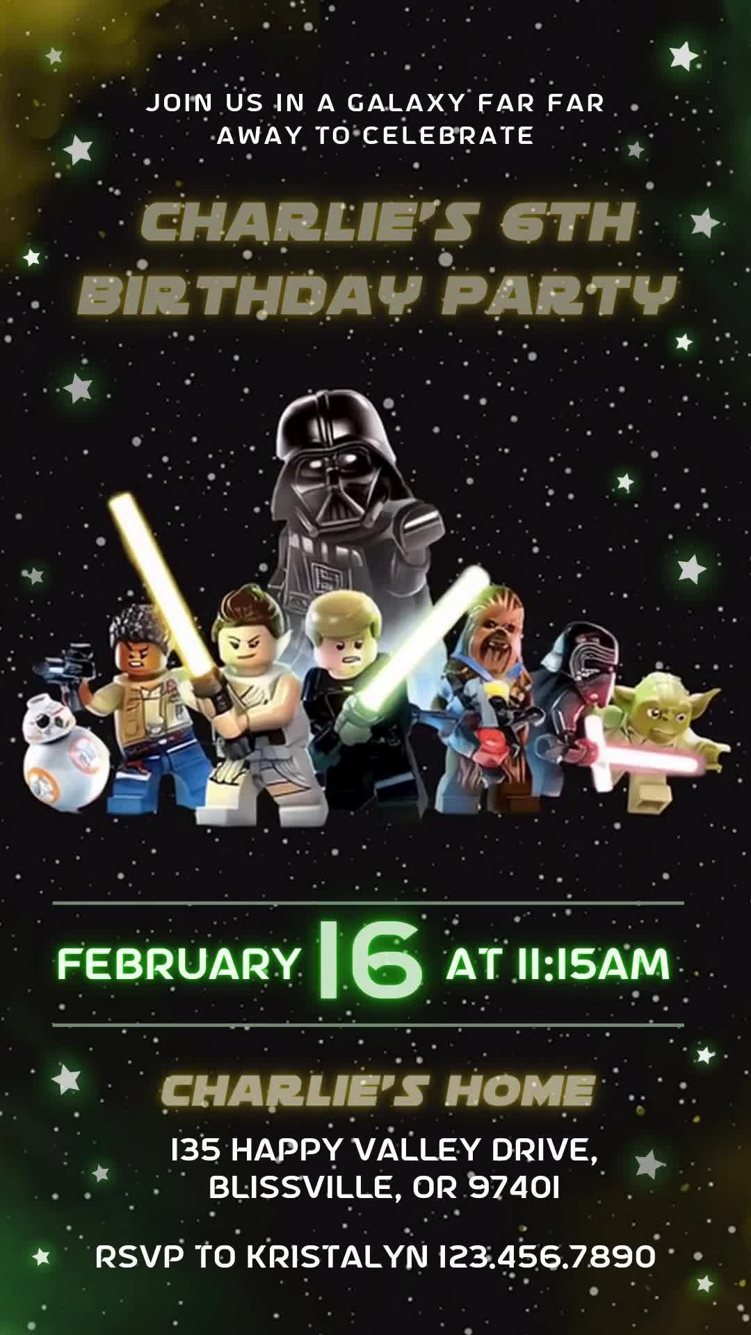 Celebrate a sixth birthday with Darth Vader and a Star Wars minifigure group on black and green stars, gold headings and glowing green event details.