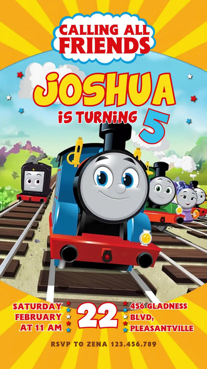 Thomas train friends on parallel tracks with an orange-yellow sunburst frame and a fifth birthday invitation sample.