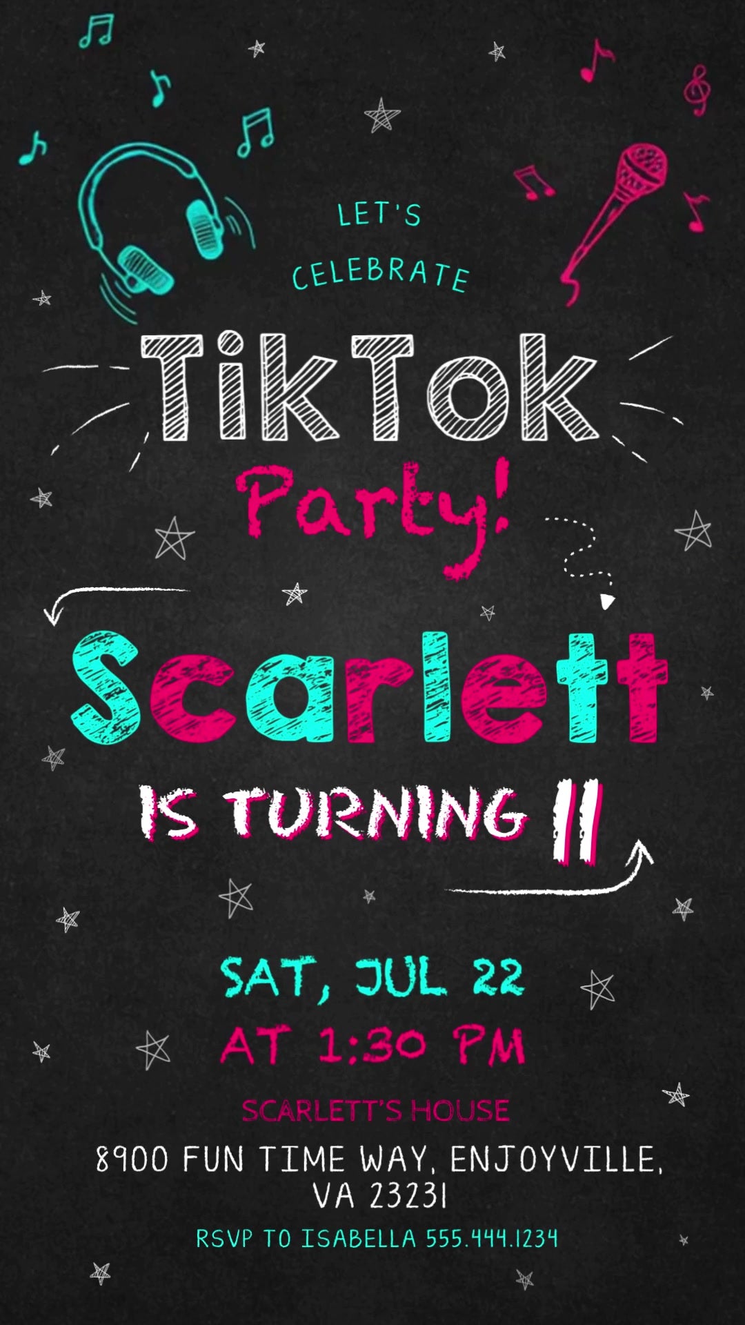 TikTok chalkboard eleventh birthday invitation with cyan headphones, a magenta microphone, music notes and colorful chalk lettering.