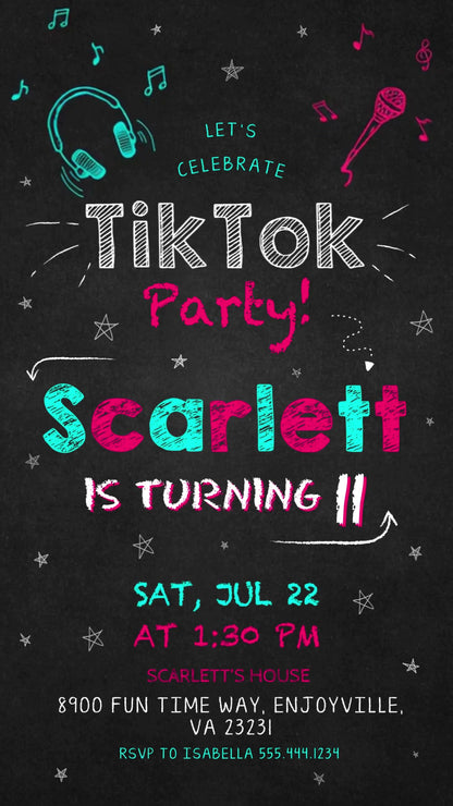 TikTok chalkboard eleventh birthday invitation with cyan headphones, a magenta microphone, music notes and colorful chalk lettering.