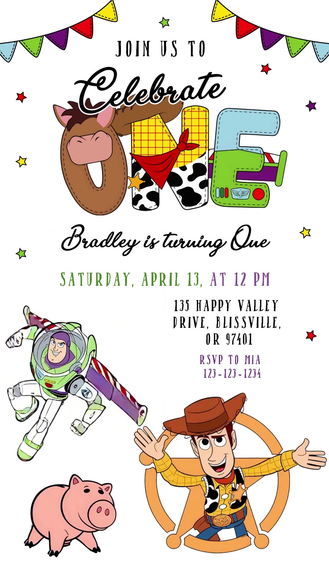 Toy Story first birthday invitation on white with colorful pennant bunting, a decorative ONE graphic, Woody, Buzz and Hamm.