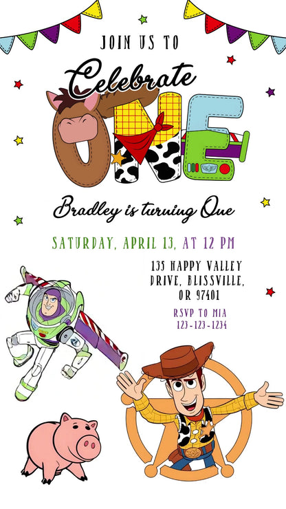 Toy Story first birthday invitation on white with colorful pennant bunting, a decorative ONE graphic, Woody, Buzz and Hamm.