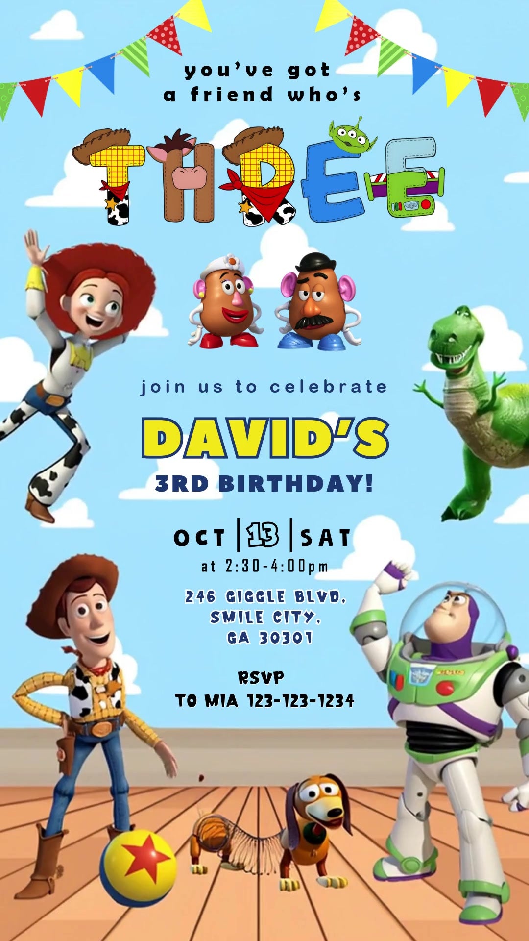 Toy Story third birthday invitation with blue cloud wallpaper, pennant flags, a decorative THREE graphic and toy characters over a wooden floor.