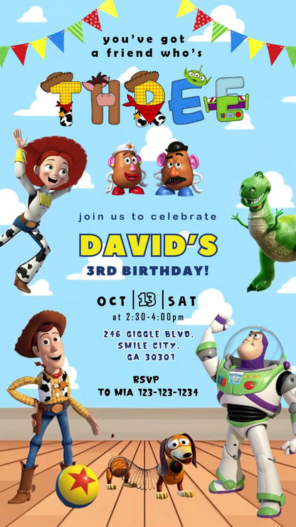 Toy Story third birthday invitation with blue cloud wallpaper, pennant flags, a decorative THREE graphic and toy characters over a wooden floor.