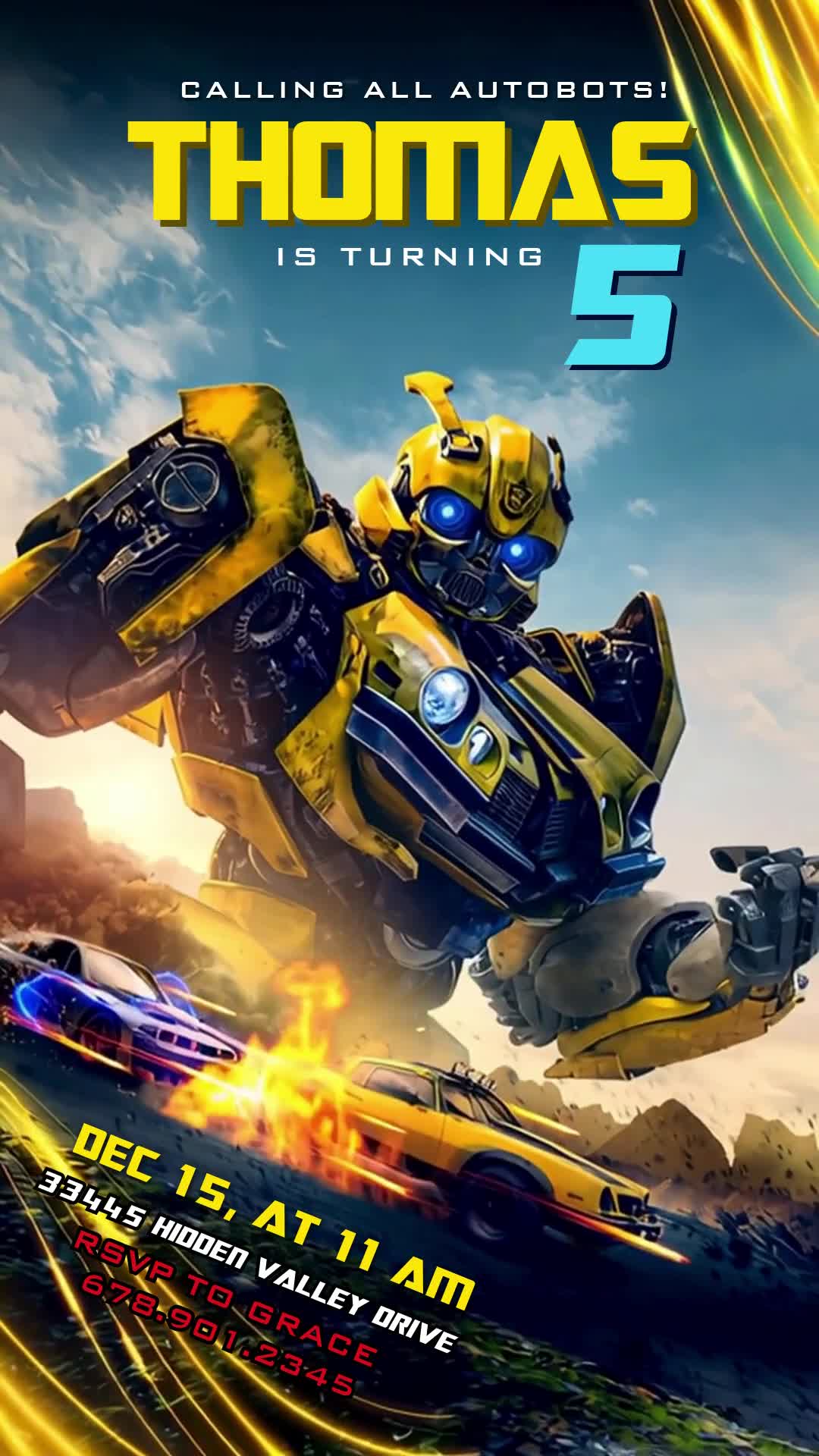 Transformers fifth birthday invitation with a large Bumblebee action pose, cars and flames, yellow name, blue age and diagonal party details.