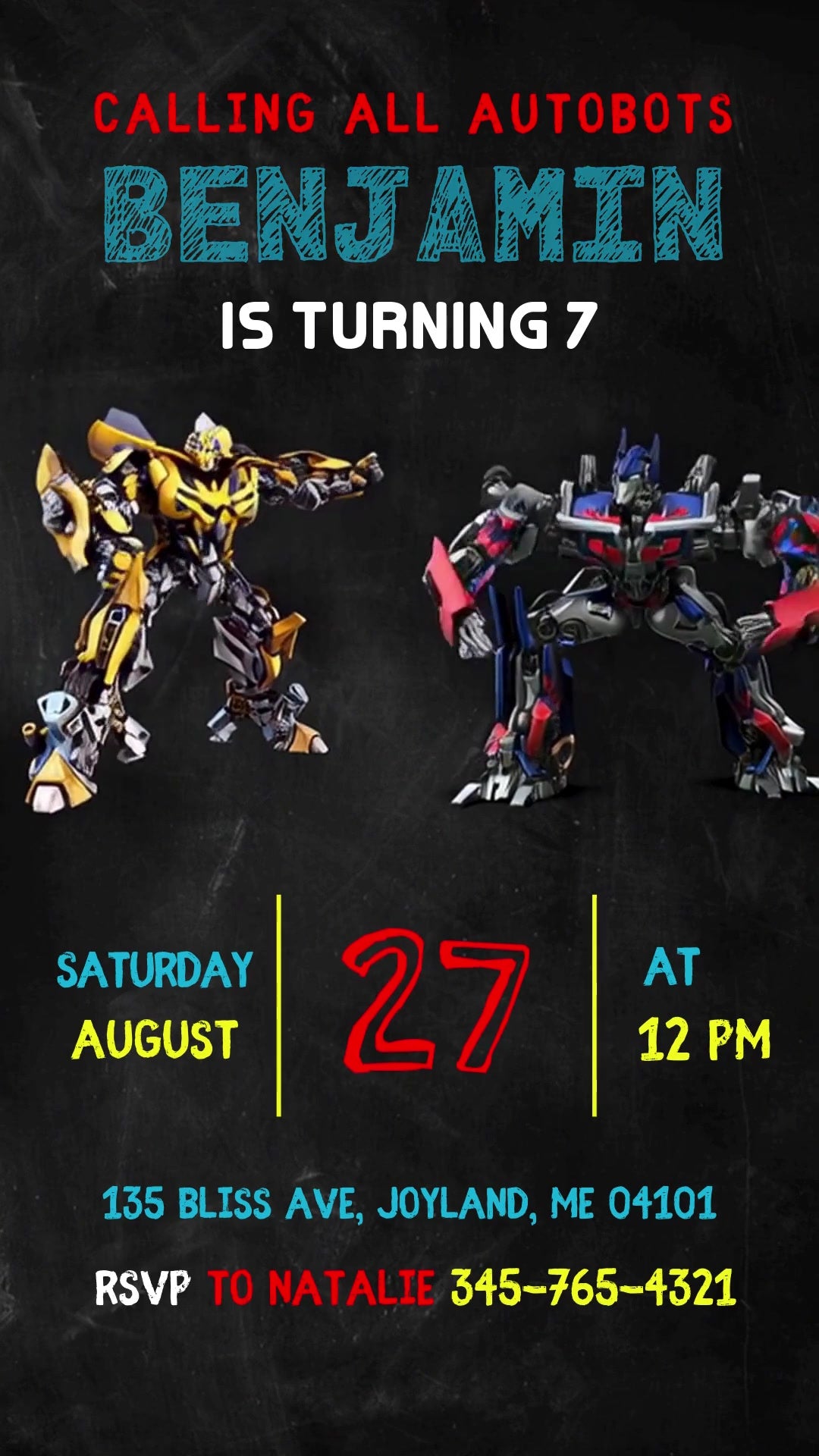 Transformers seventh birthday invitation on a black chalkboard background with Bumblebee, Optimus Prime and colorful party details.