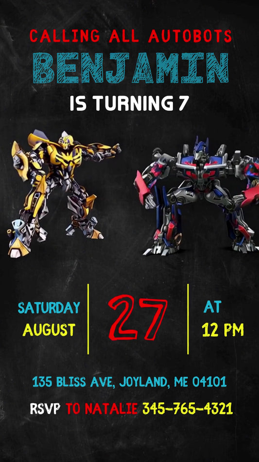 Transformers seventh birthday invitation on a black chalkboard background with Bumblebee, Optimus Prime and colorful party details.