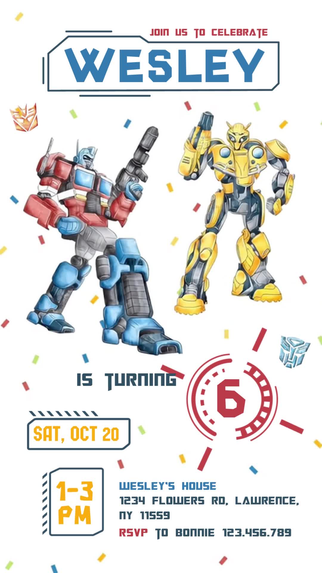 Transformers sixth birthday invitation on white with illustrated Optimus Prime and Bumblebee, colorful confetti, framed blue name and red age detail.