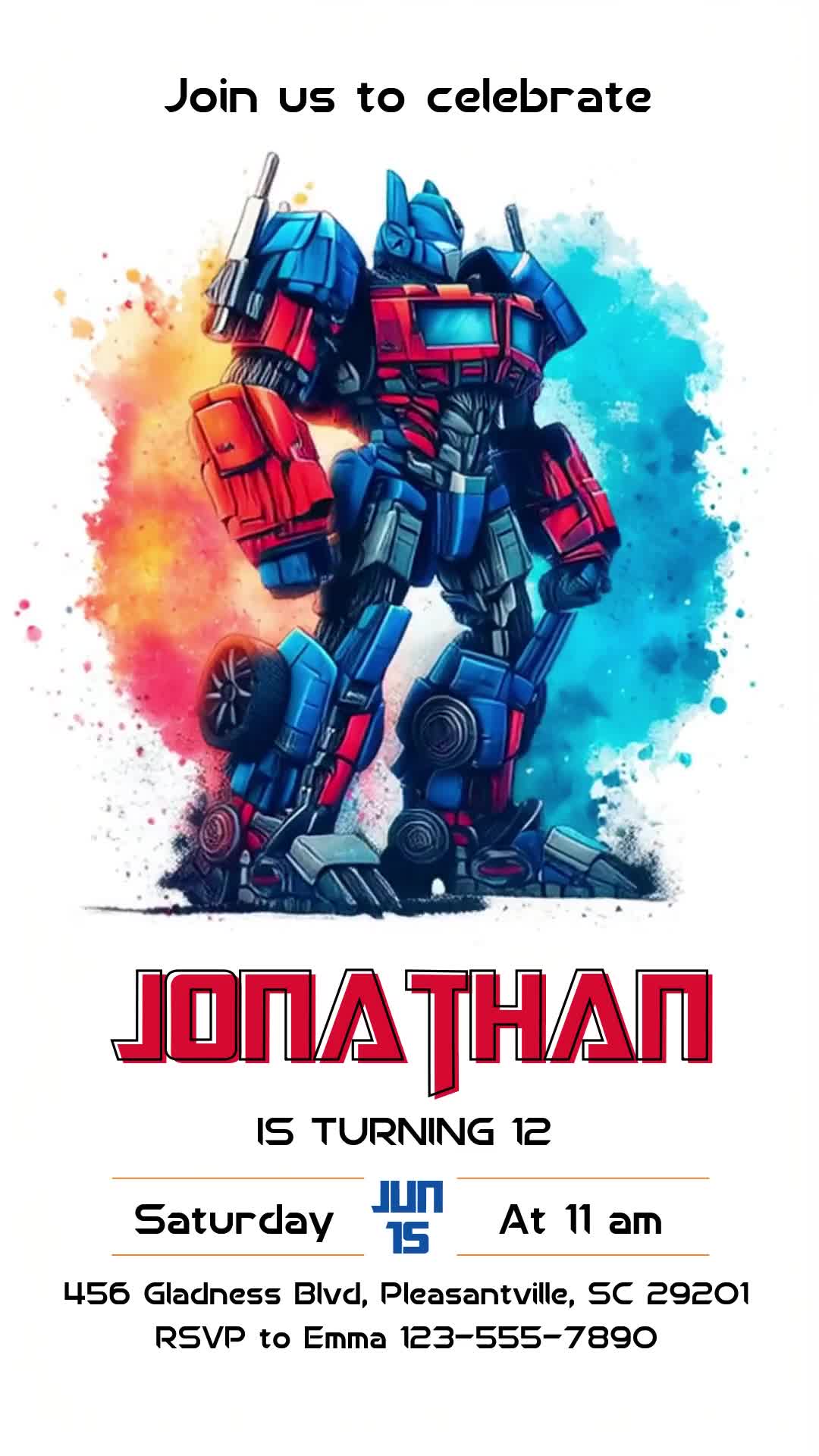 A watercolor Optimus Prime on a blue and orange splash, with a bold red name and clear black event details.