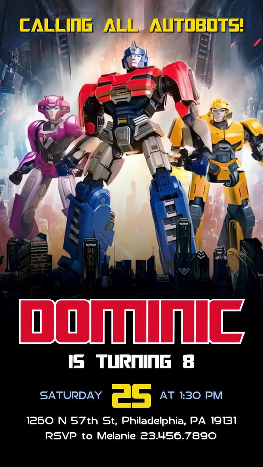 Celebrate an eighth birthday with Optimus Prime, Arcee and Bumblebee against a city scene, a red outlined name and clear event details on a black lower panel.