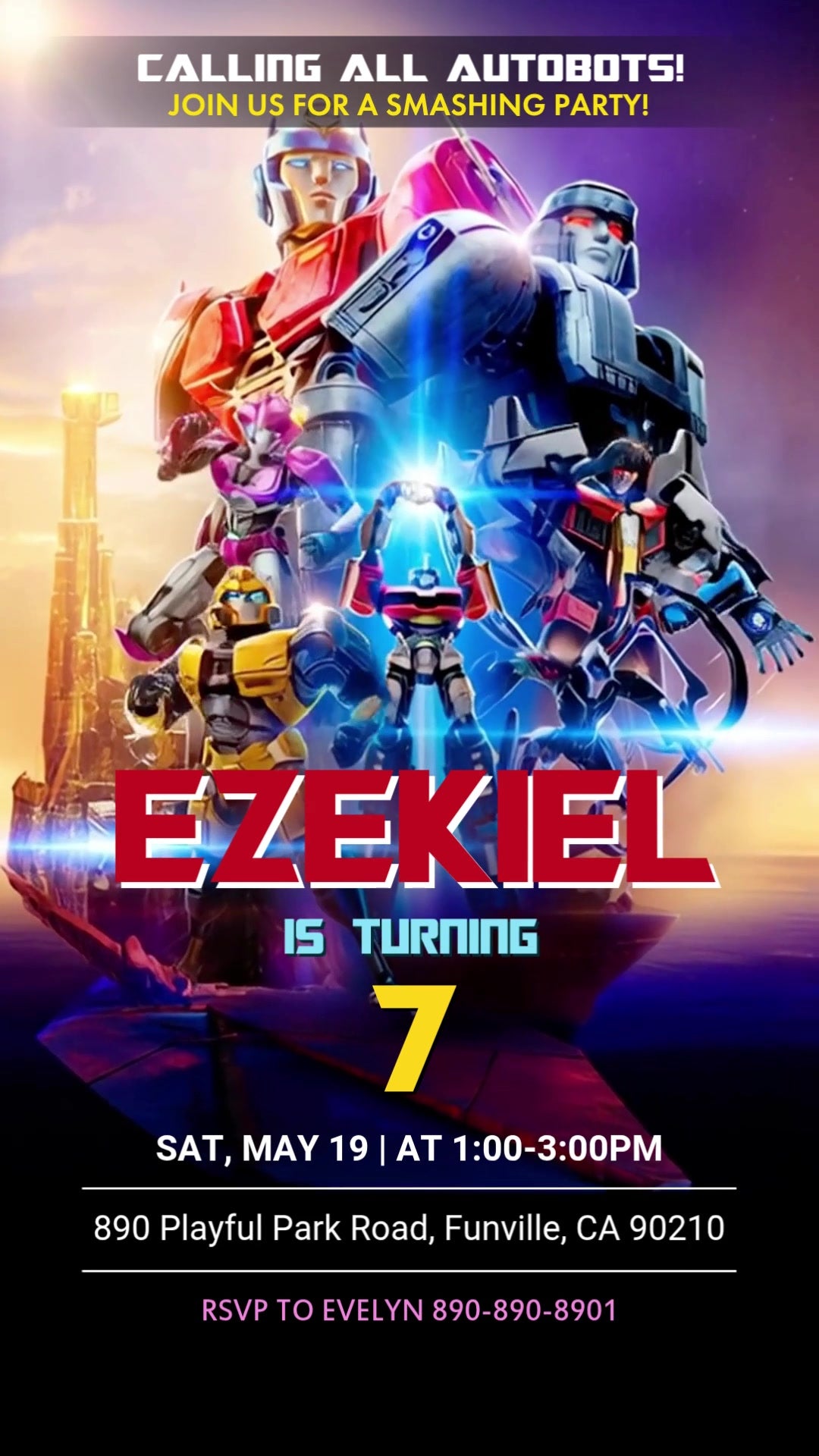 Transformers One seventh birthday invitation with a layered robot team, purple-and-gold sunset, blue glow and bold red and yellow lettering.