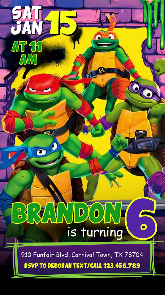 Ninja Turtles sixth birthday invitation with four turtles, a purple brick wall, lime-and-yellow graffiti and a purple details box.