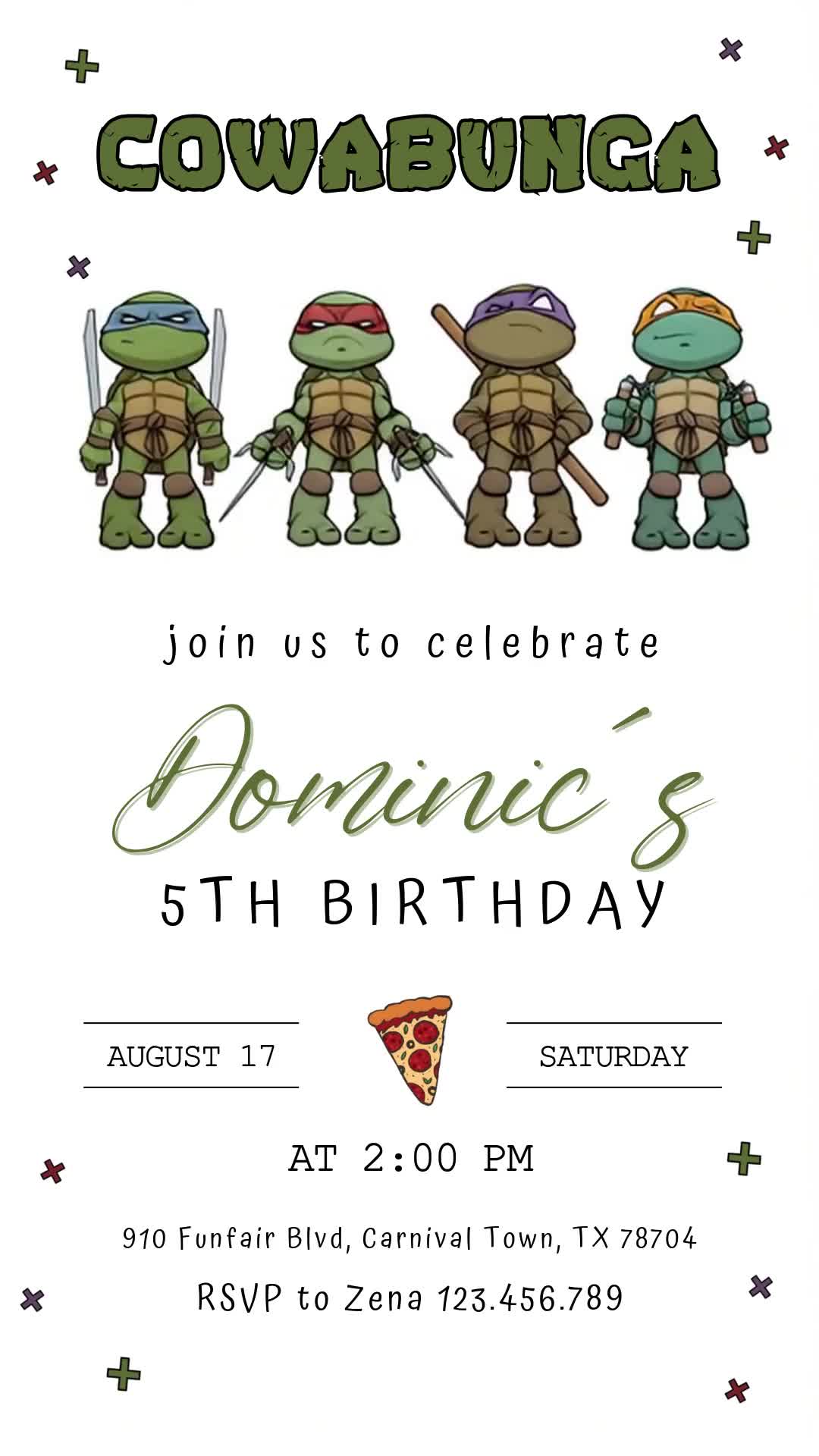 Ninja Turtles fifth birthday invitation on white with four cute turtles, green Cowabunga heading, olive script name and a pizza-slice detail.