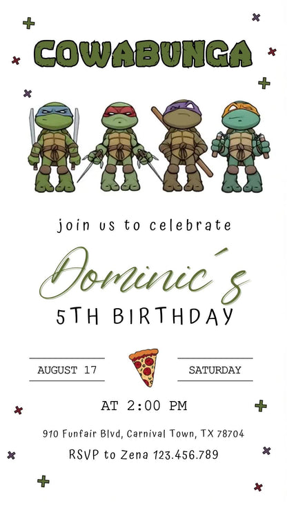 Ninja Turtles fifth birthday invitation on white with four cute turtles, green Cowabunga heading, olive script name and a pizza-slice detail.