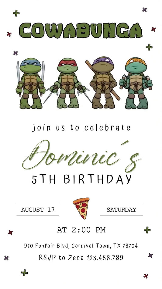 Ninja Turtles fifth birthday invitation on white with four cute turtles, green Cowabunga heading, olive script name and a pizza-slice detail.