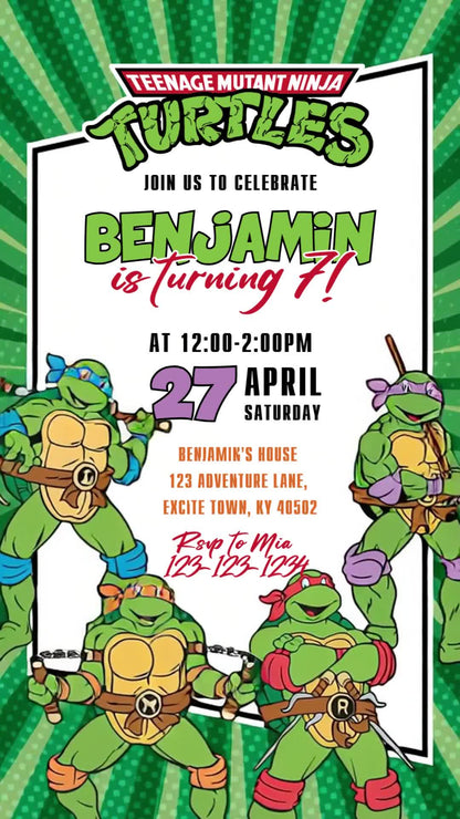 Ninja Turtles seventh birthday invitation with four classic turtles, green comic rays, a white invitation panel and bold green and red lettering.
