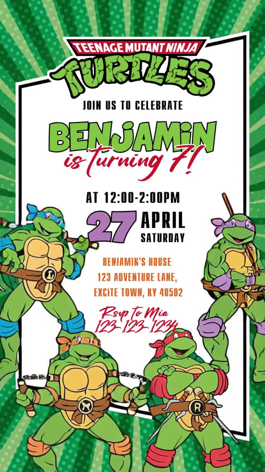 Ninja Turtles seventh birthday invitation with four classic turtles, green comic rays, a white invitation panel and bold green and red lettering.
