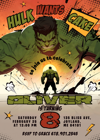 Hulk The Avengers Marvel Superhero customizable invitation template | Share or Print | boy | BB652