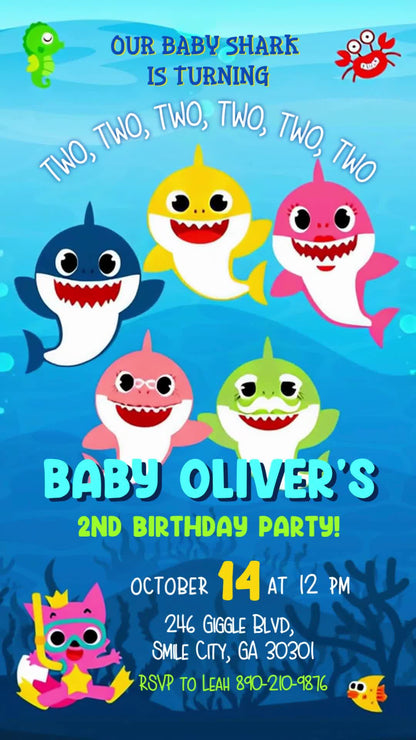 Five colorful sharks and turquoise ocean waves around a second birthday invitation.
