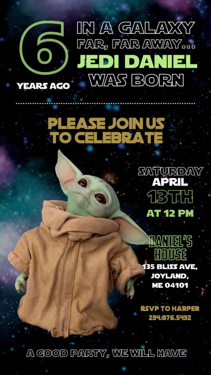 Baby Yoda in a blue-purple galaxy beside editable sixth birthday invitation details.