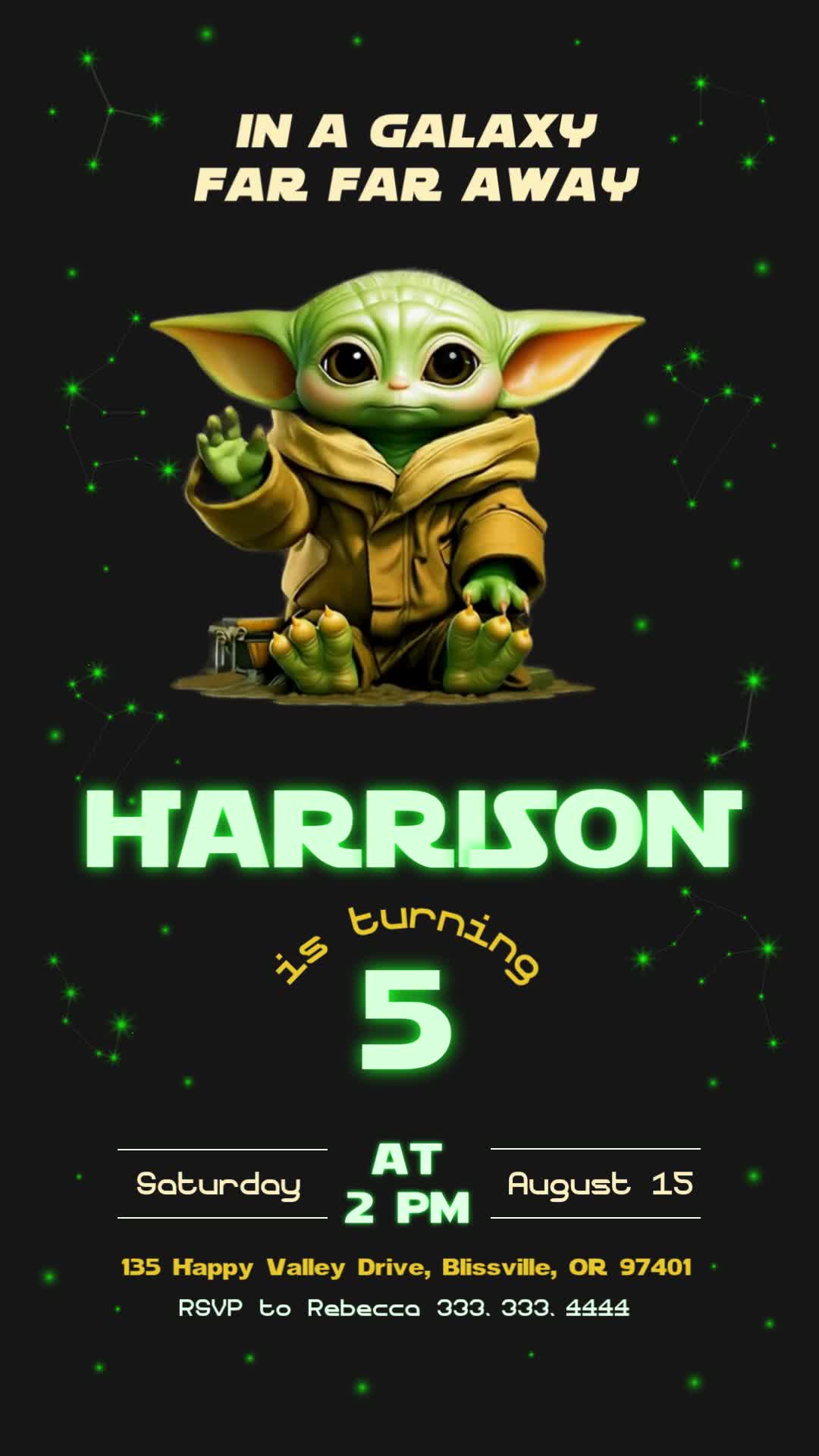 Baby Yoda with glowing green birthday lettering and constellations on a black galaxy background.