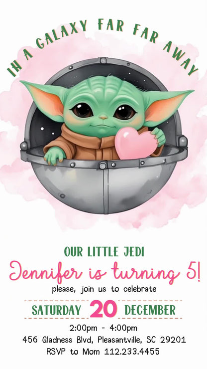 Baby Yoda holding a pink heart in a floating pod above fifth birthday invitation details.
