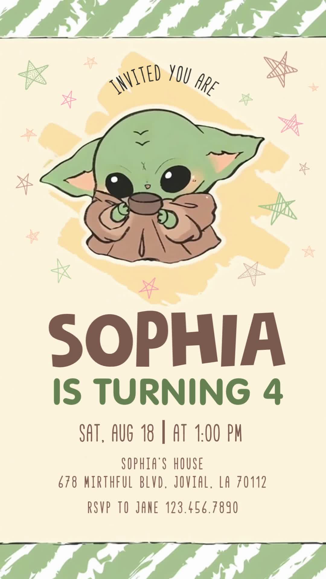 Cup-holding cartoon Baby Yoda with cream background and green diagonal stripes around fourth birthday details.