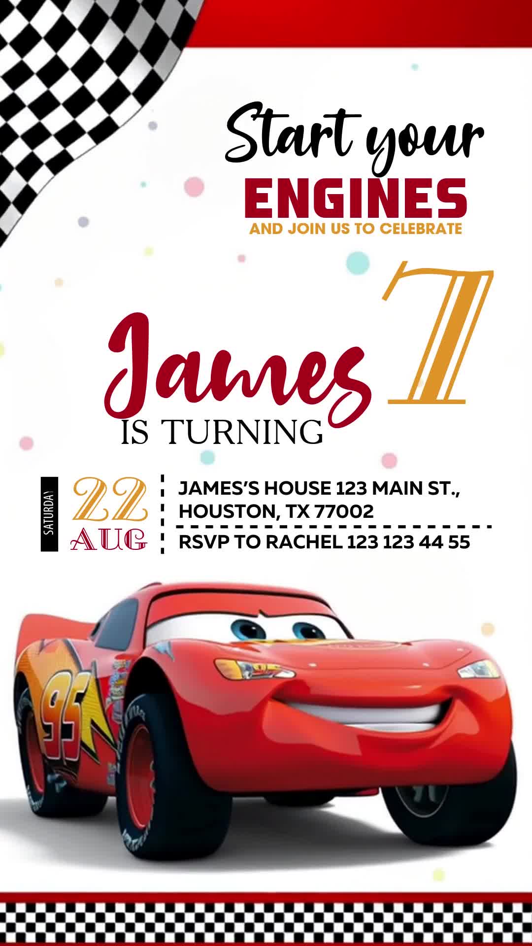 Red racing car, checkered flags and red and gold seventh birthday invitation details.