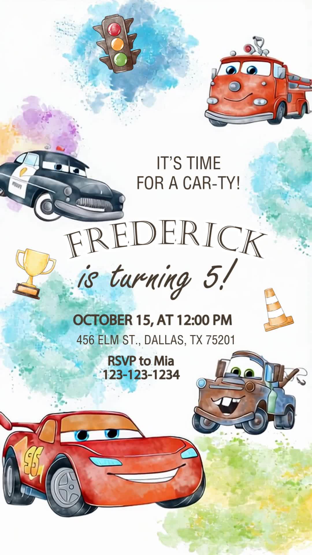 Watercolor racing cars and colorful paint splashes around birthday invitation details.
