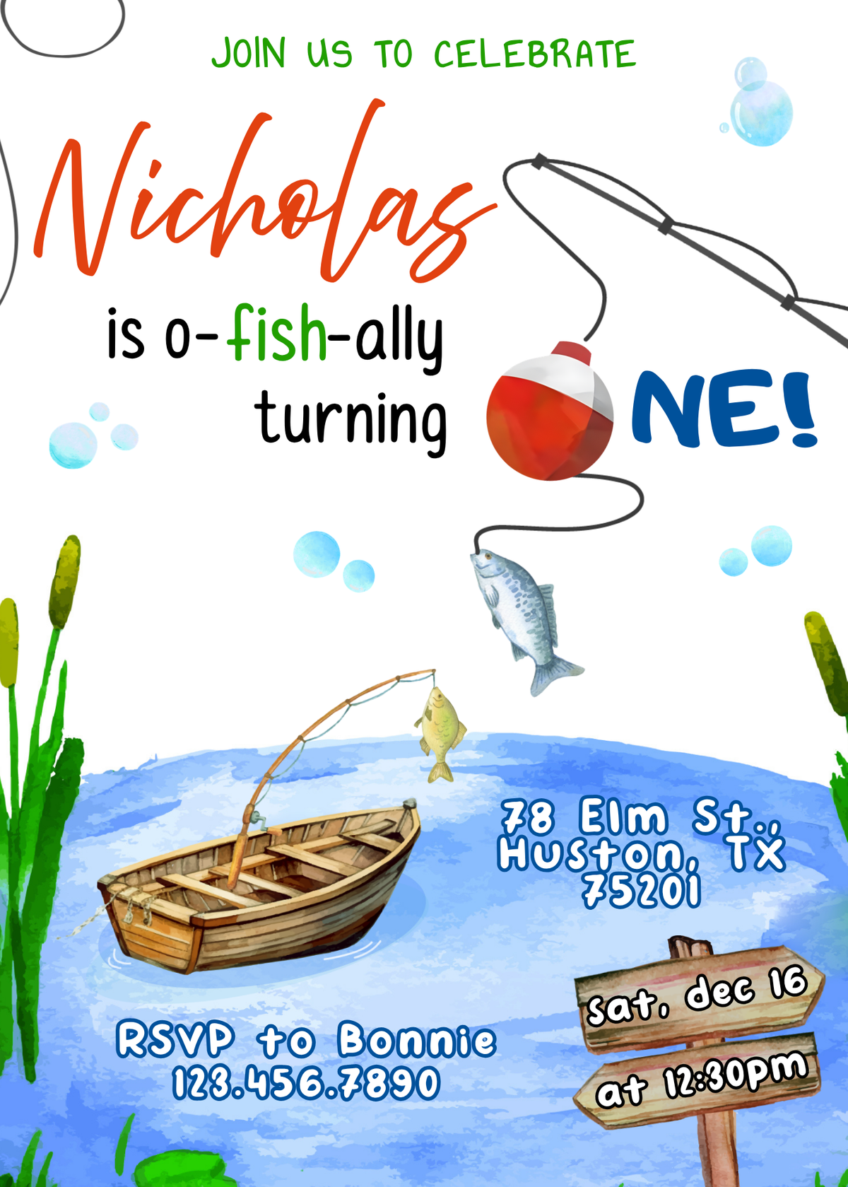 Fishing 1st O-Fish-Ally customizable invitation template | Share or Print | FJ155