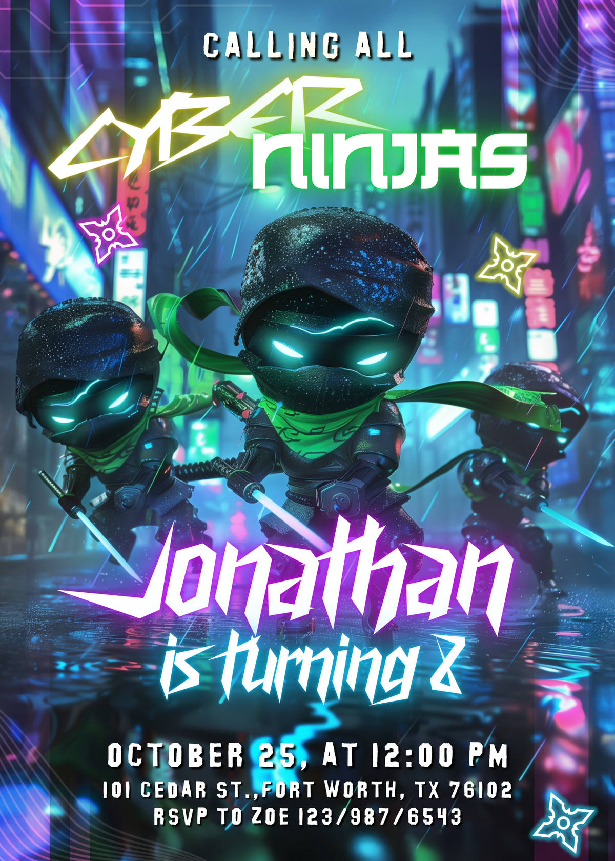 Neon Ninja customizable invitation template | Share or Print | PN049