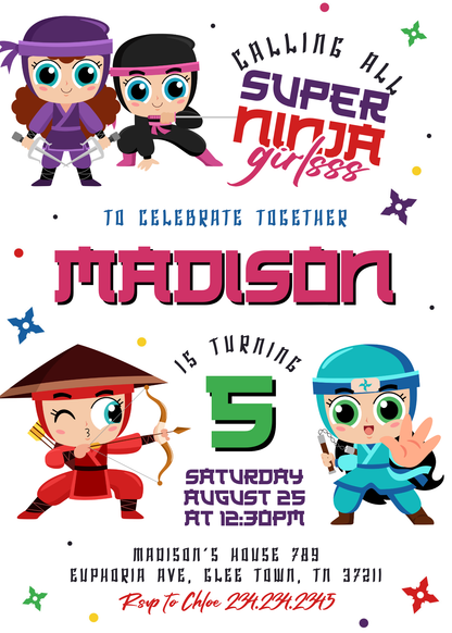 Ninja Girl customizable invitation template | Share or Print | RJ012