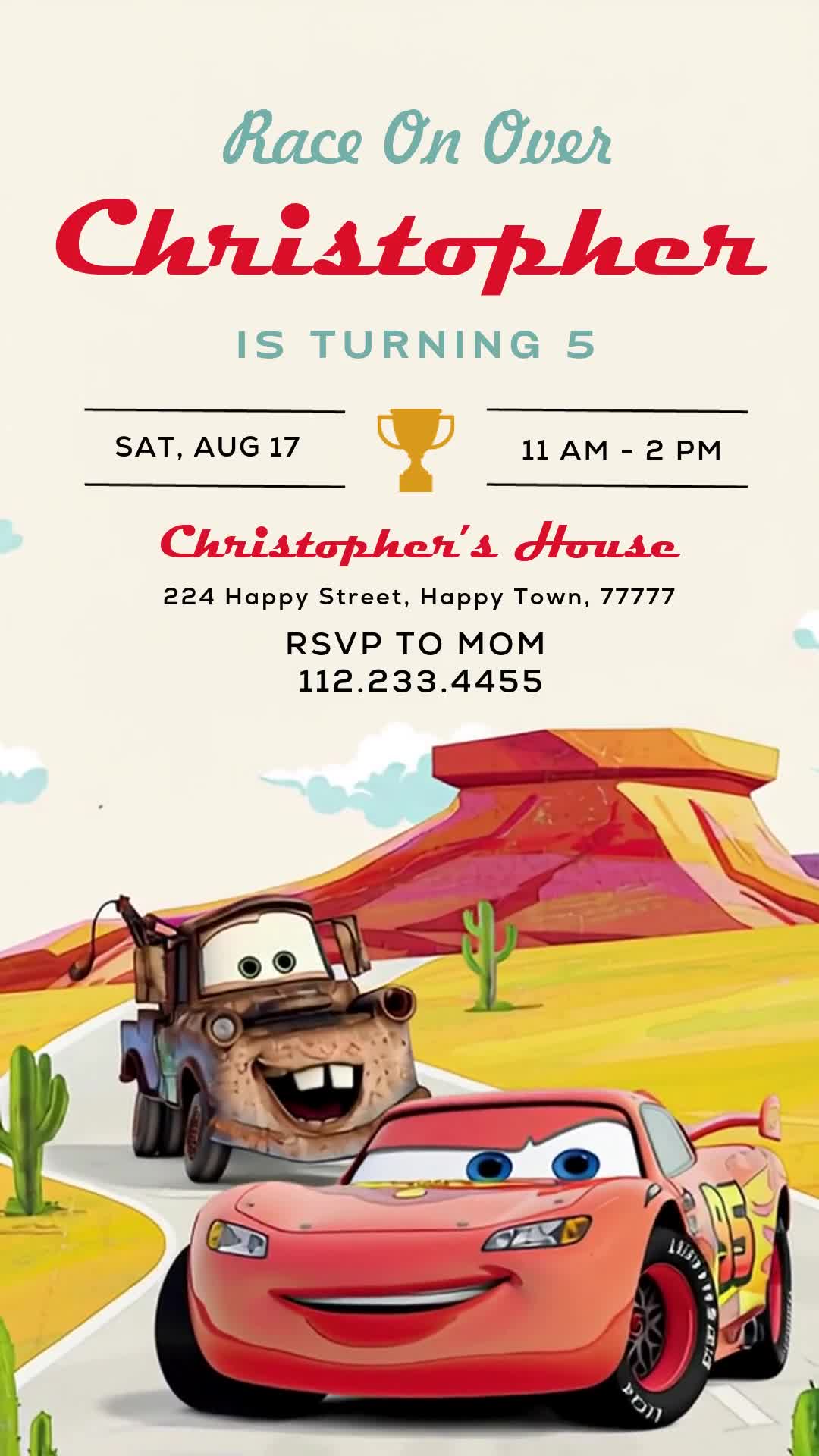 Cars animated fifth birthday invitation with McQueen and Mater on a cream desert road.