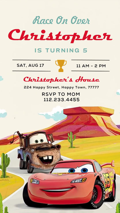 Cars animated fifth birthday invitation with McQueen and Mater on a cream desert road.