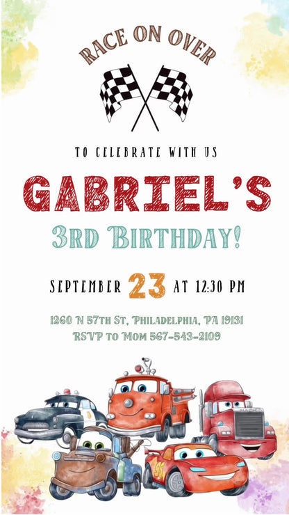 Cars watercolor friends animated third birthday invitation with five cars and checkered flags.