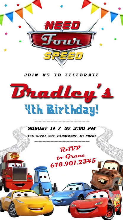 Cars Four Speed animated fourth birthday invitation with six cars and colorful bunting.