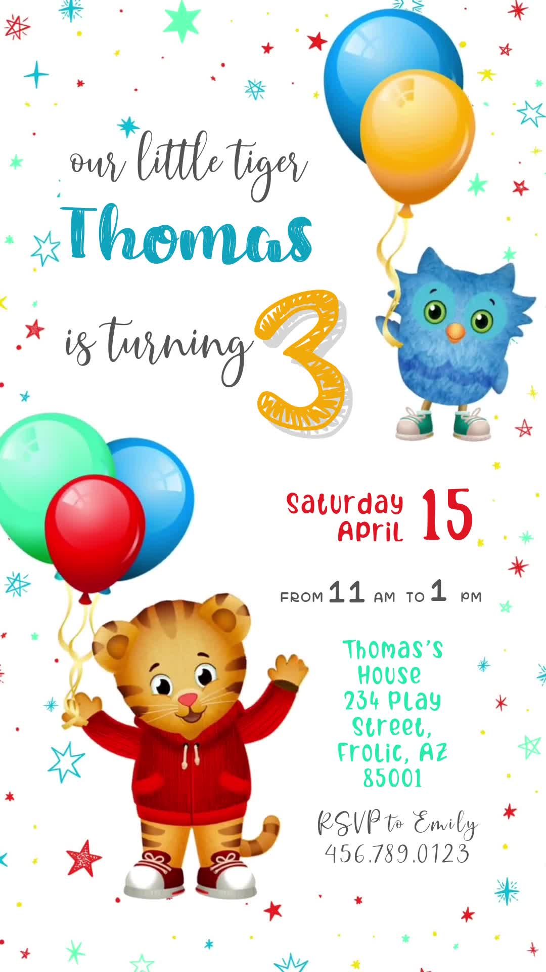 Daniel Tiger animated third birthday invitation with star confetti, Daniel, an owl and balloons.