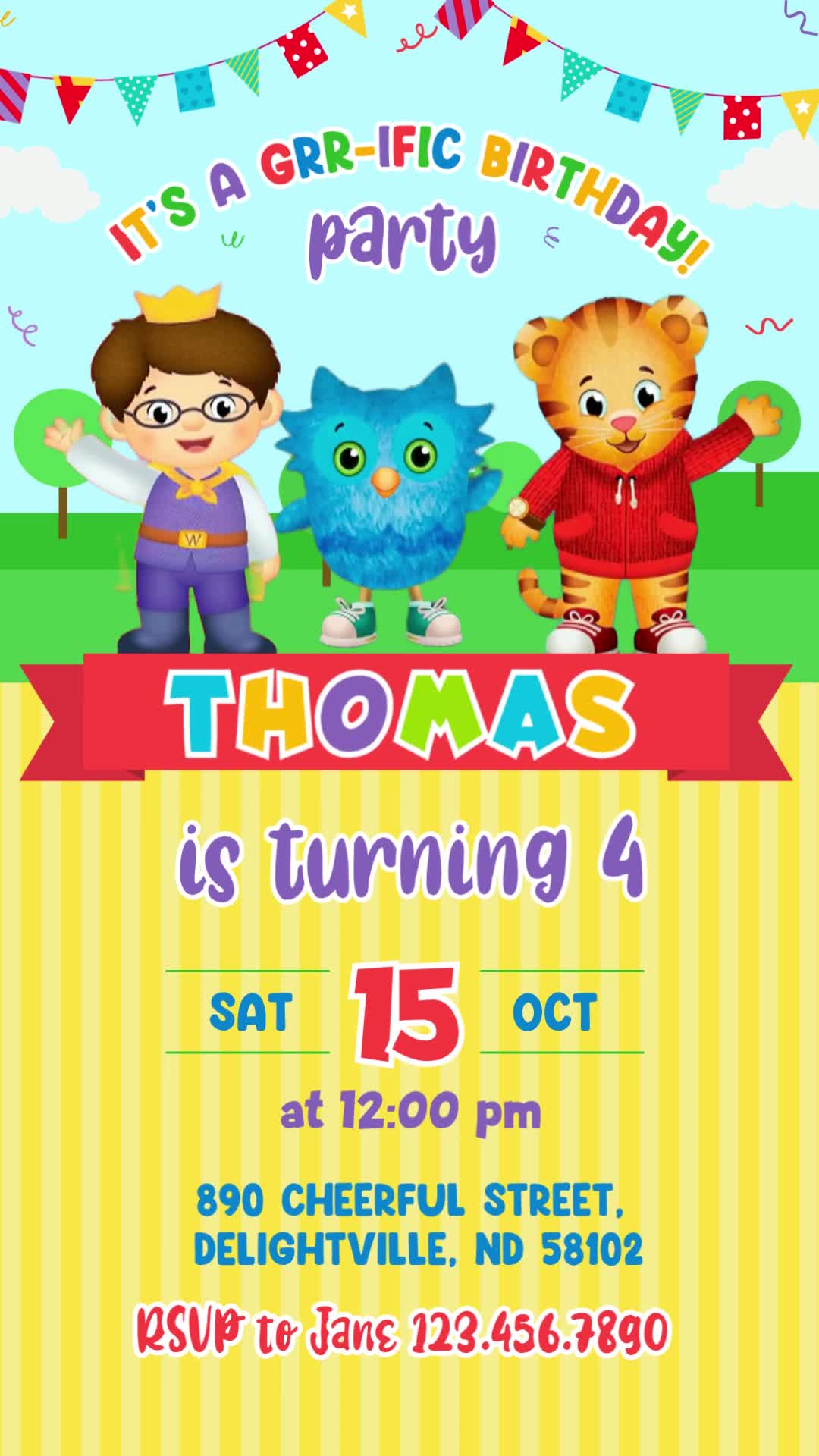 Daniel Tiger animated fourth birthday invitation with three friends in a park scene and yellow stripes.