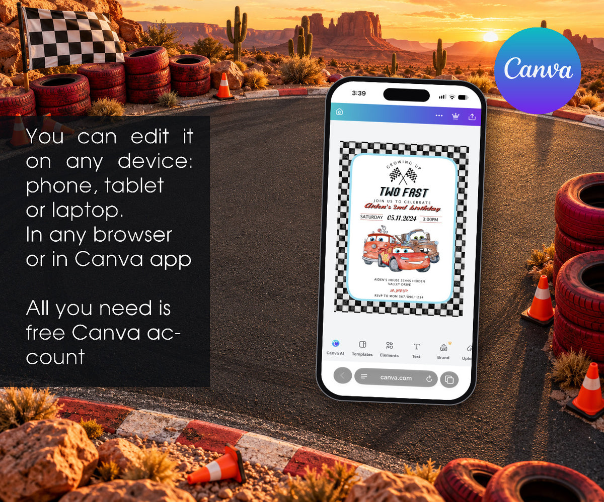 Cars Lightning Mcqueen Two Invitation mockup