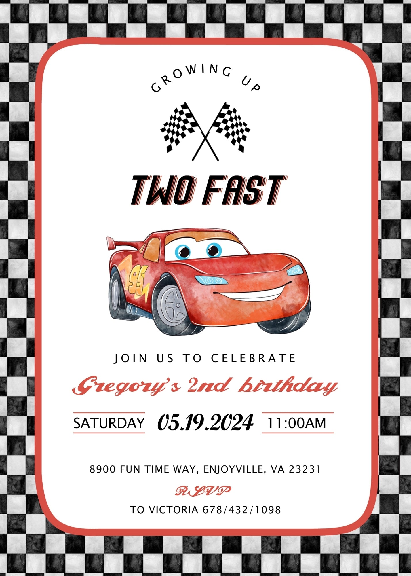 Cars Lightning Mcqueen Two customizable invitation template | Share or Print | boy | VT115