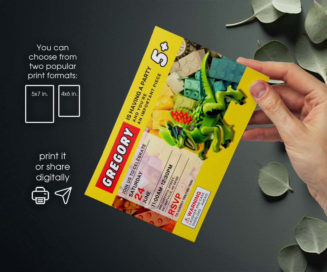 Lego Dinosaur T-Rex customizable invitation template | Share or Print | EK934